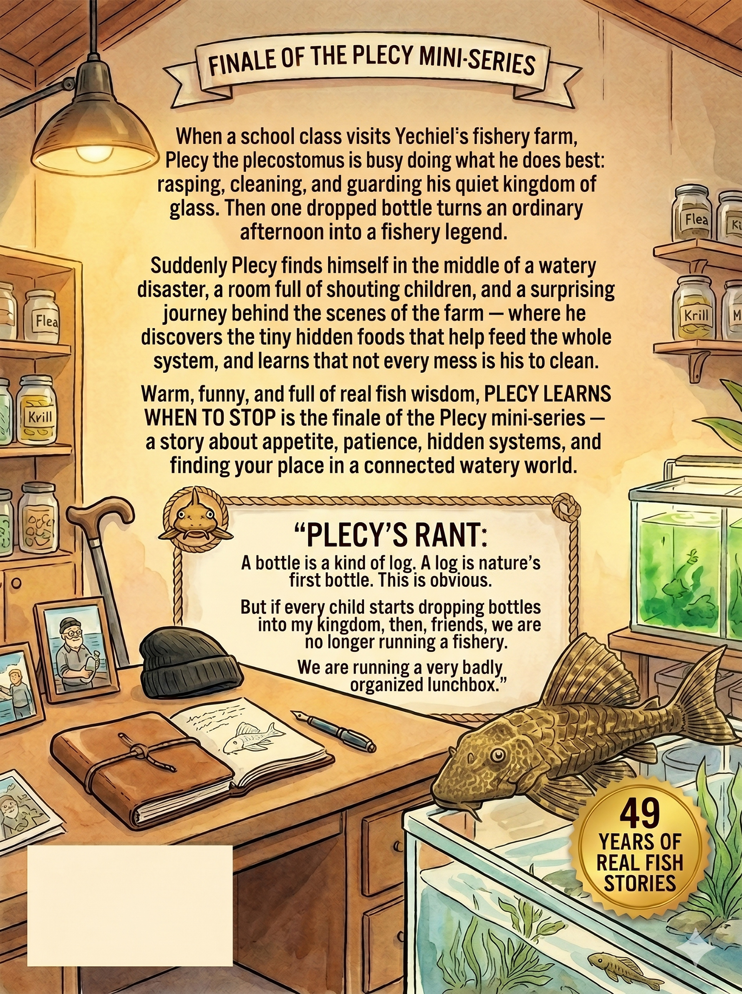 Back cover of Book 10: Plecy Learns When to Stop — showing synopsis and author details for this Yechiel's Fishery Farm STEM book