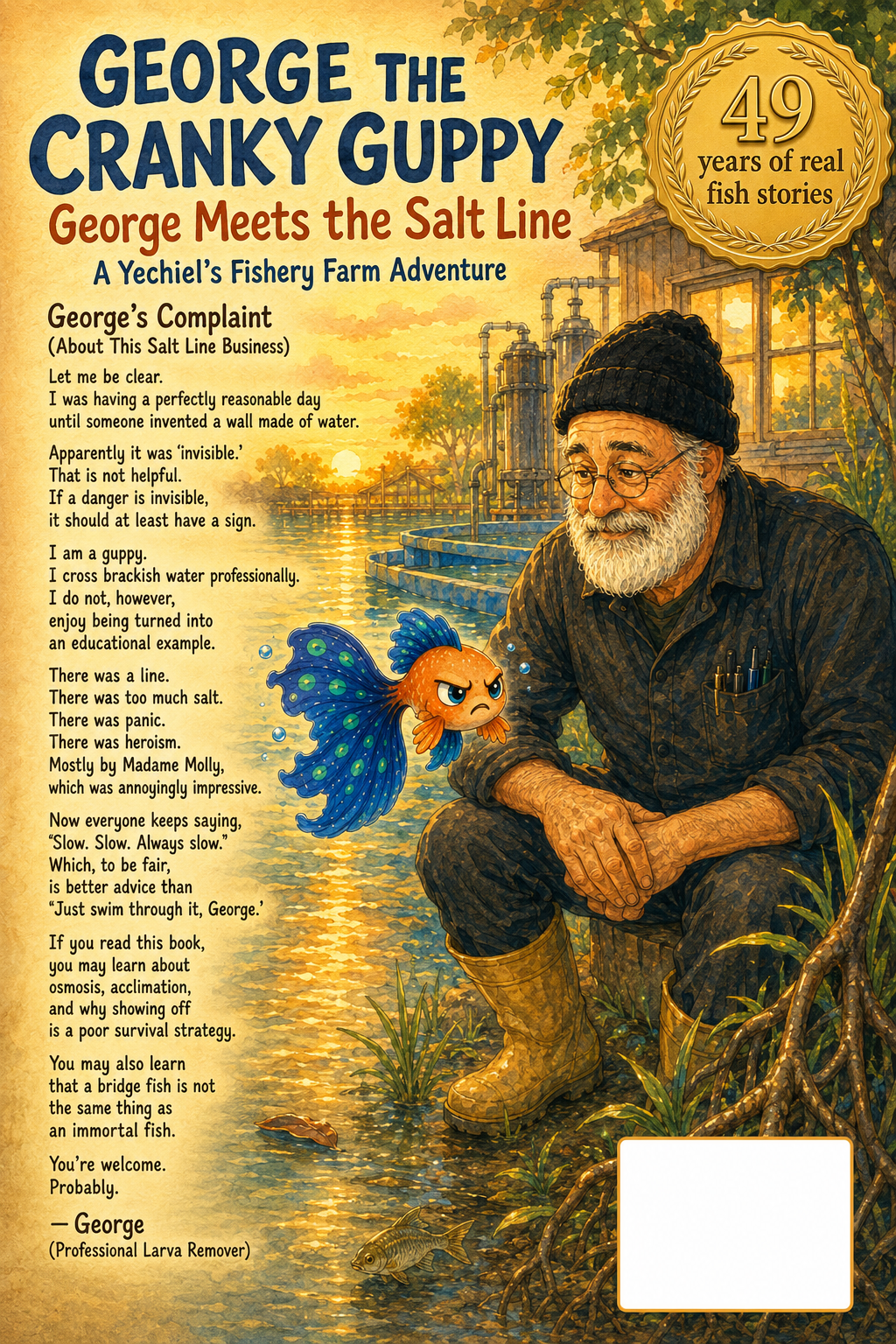 Back cover of Book 3: George Meets the Salt Line — showing synopsis and author details for this Yechiel's Fishery Farm STEM book