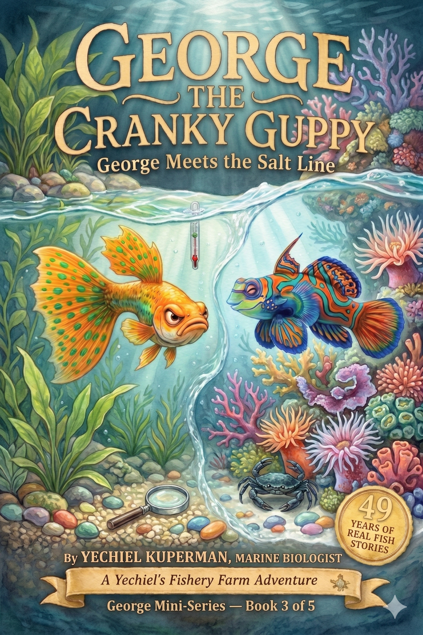 Front cover of Book 3: George Meets the Salt Line — illustrated STEM chapter book for children ages 7–10 by marine biologist Yechiel Kuperman, Yechiel's Fishery Farm series