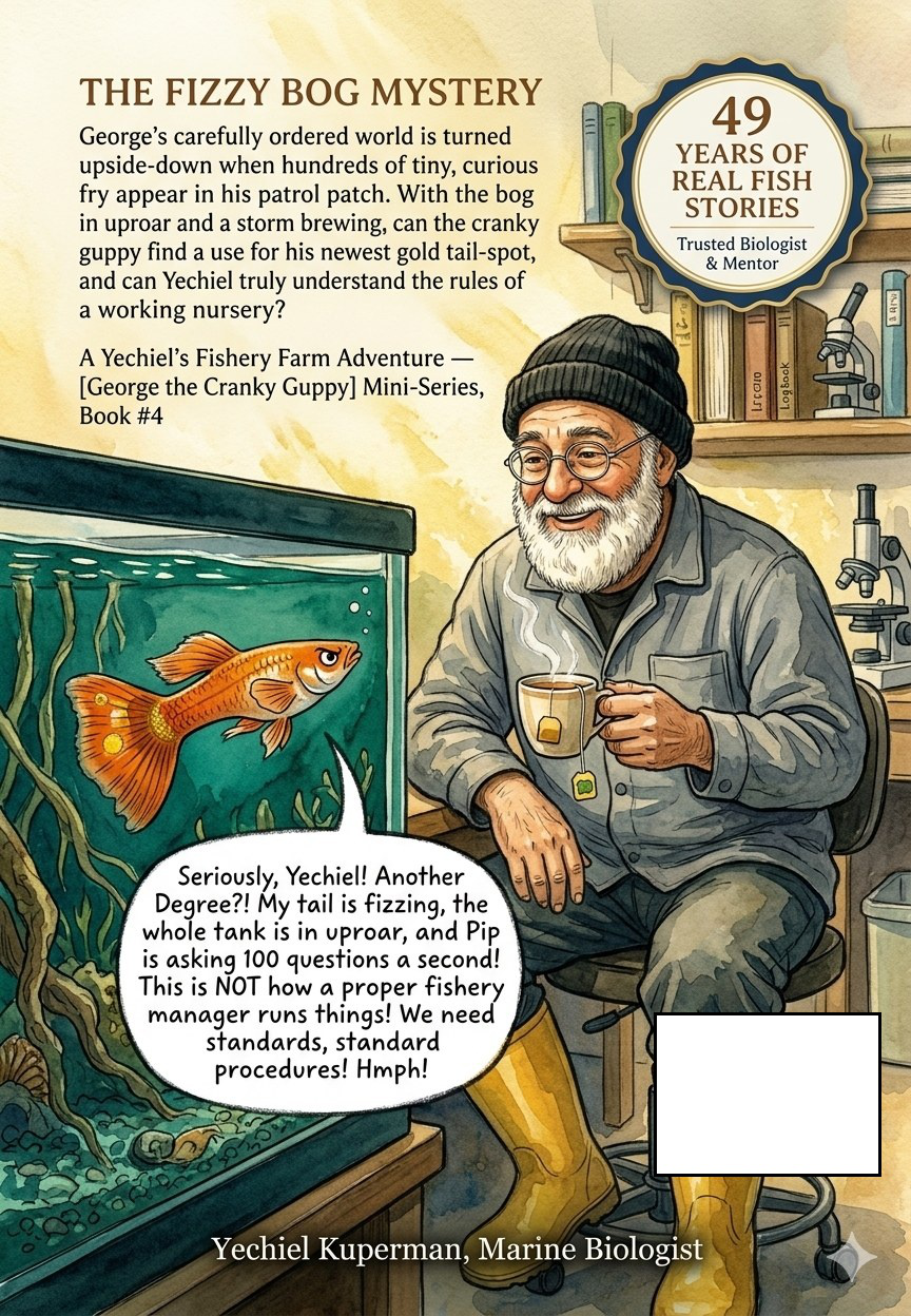 Back cover of Book 4: The Fizzy Bog Mystery — showing synopsis and author details for this Yechiel's Fishery Farm STEM book