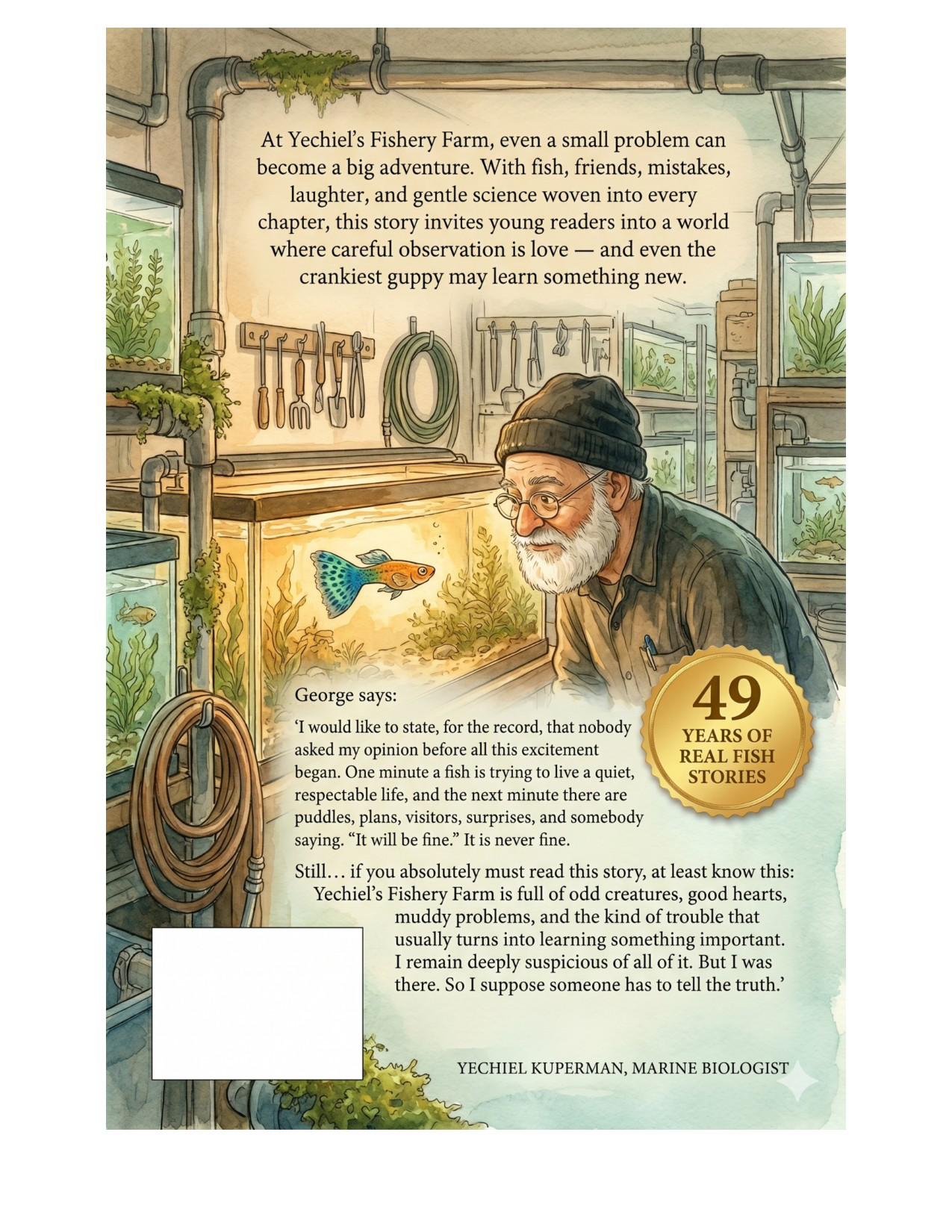 Back cover of Book 5: George Finds His Water — showing synopsis and author details for this Yechiel's Fishery Farm STEM book