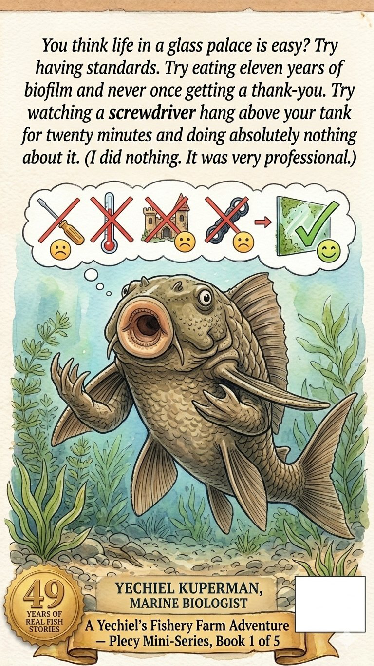 Back cover of Book 6: Plecy the Glutton Plecostomus — showing synopsis and author details for this Yechiel's Fishery Farm STEM book
