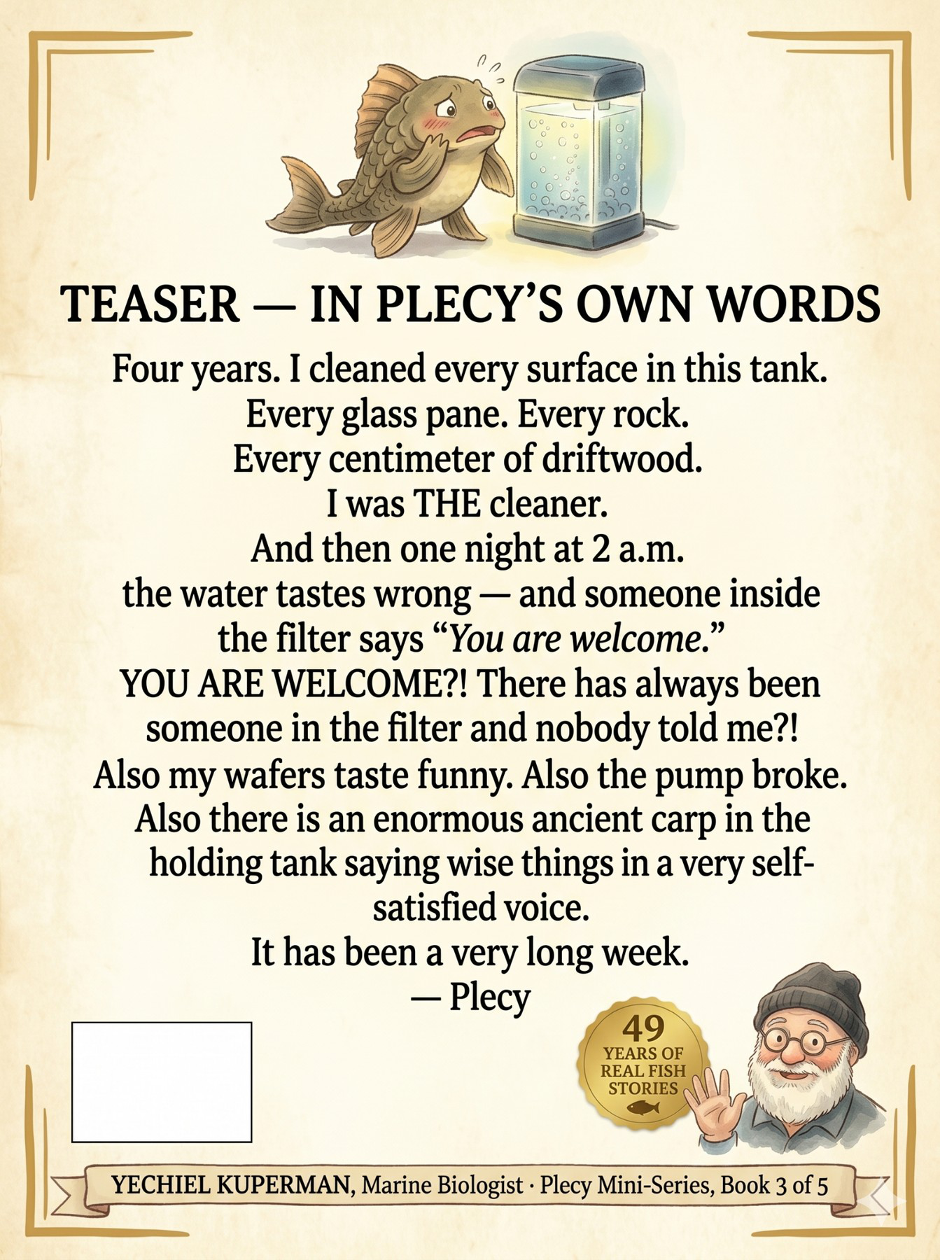Back cover of Book 8: Plecy Meets Professor Nitra — showing synopsis and author details for this Yechiel's Fishery Farm STEM book