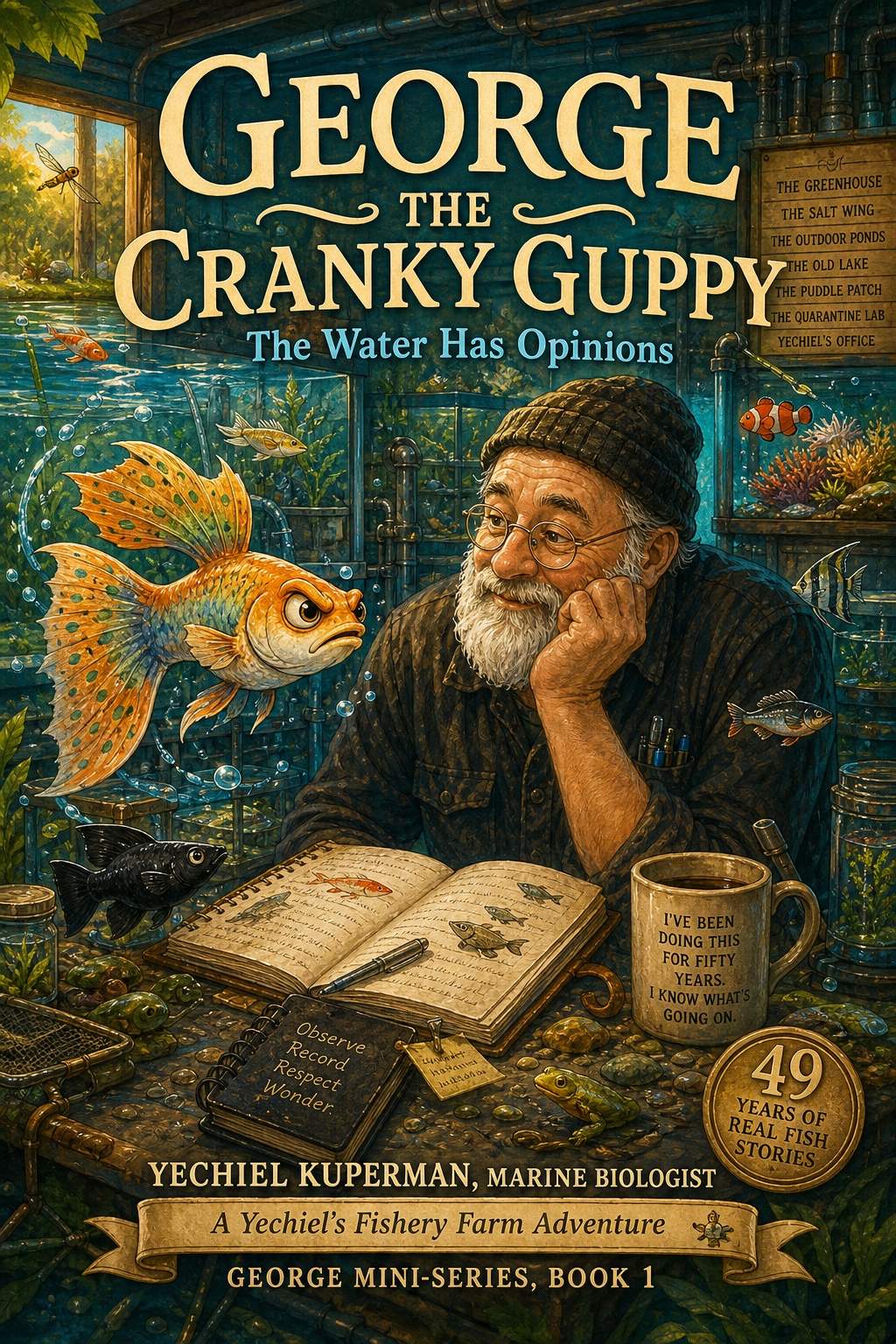 Front cover of Book 1: The Water Has Opinions — illustrated STEM chapter book for children ages 7–10 by marine biologist Yechiel Kuperman, Yechiel's Fishery Farm series
