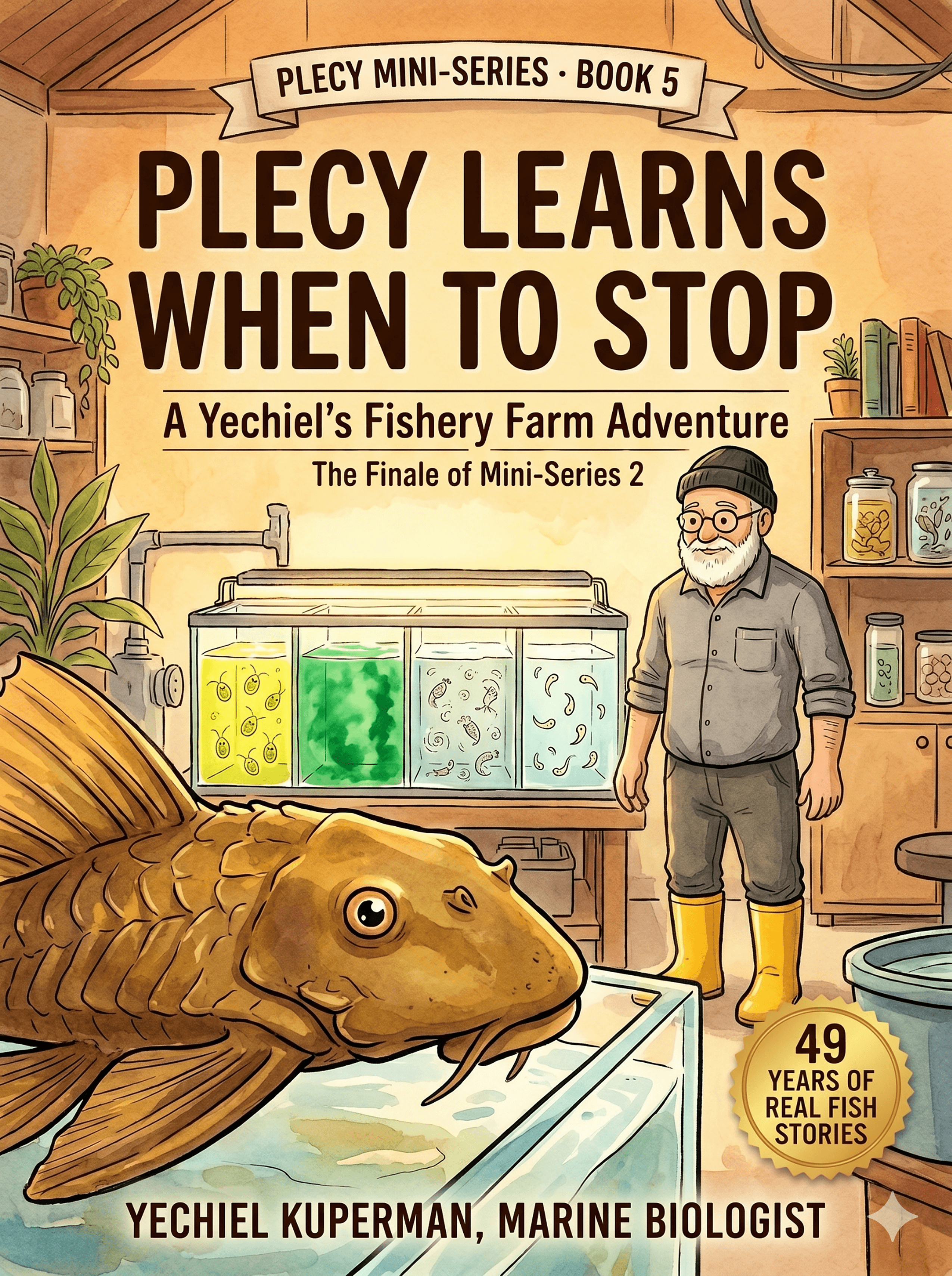 Book 10 cover — Plecy Learns When to Stop, showing three tanks with different colored water and a large plecostomus choosing between them