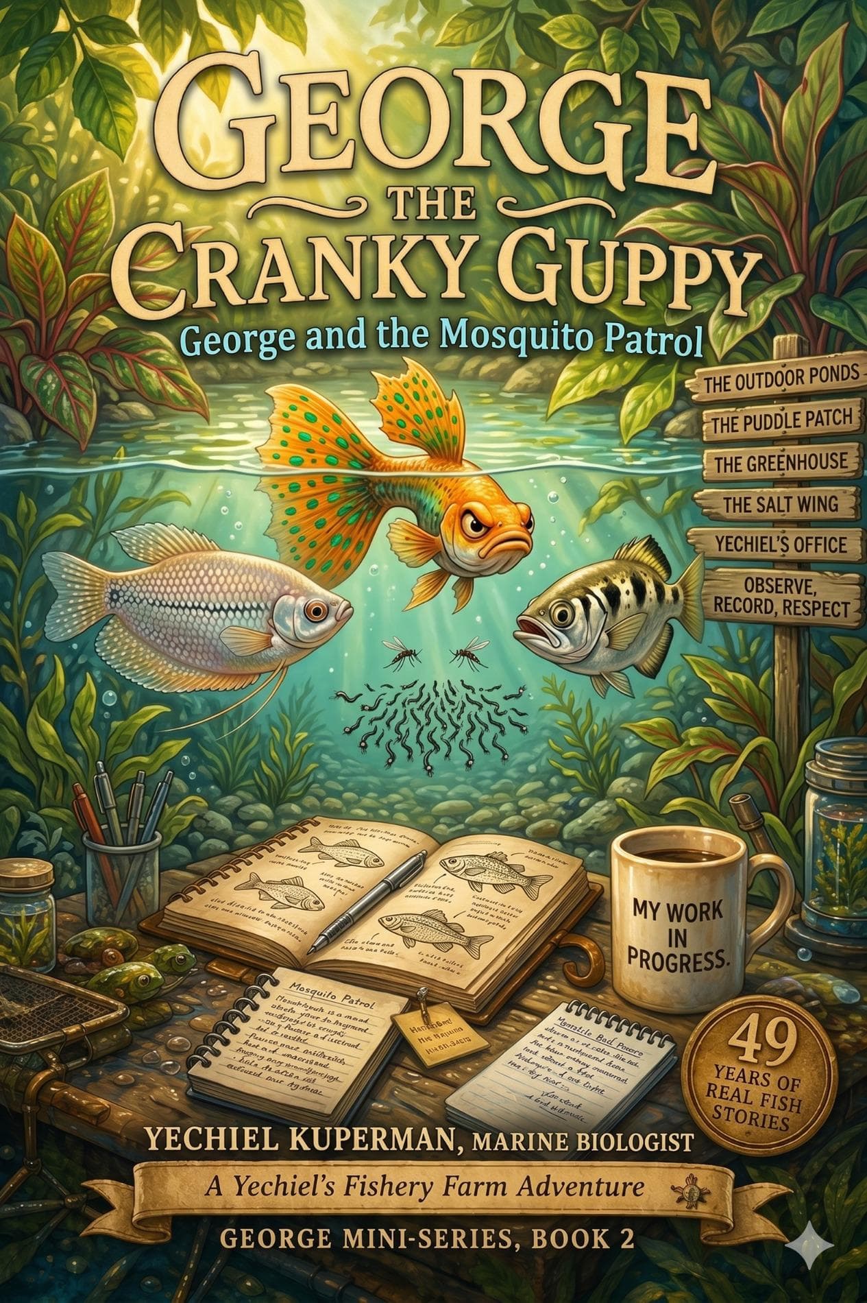 Book 2 cover — George and the Mosquito Patrol, showing Yechiel at a whiteboard teaching children beside fish tanks with goldfish jumping
