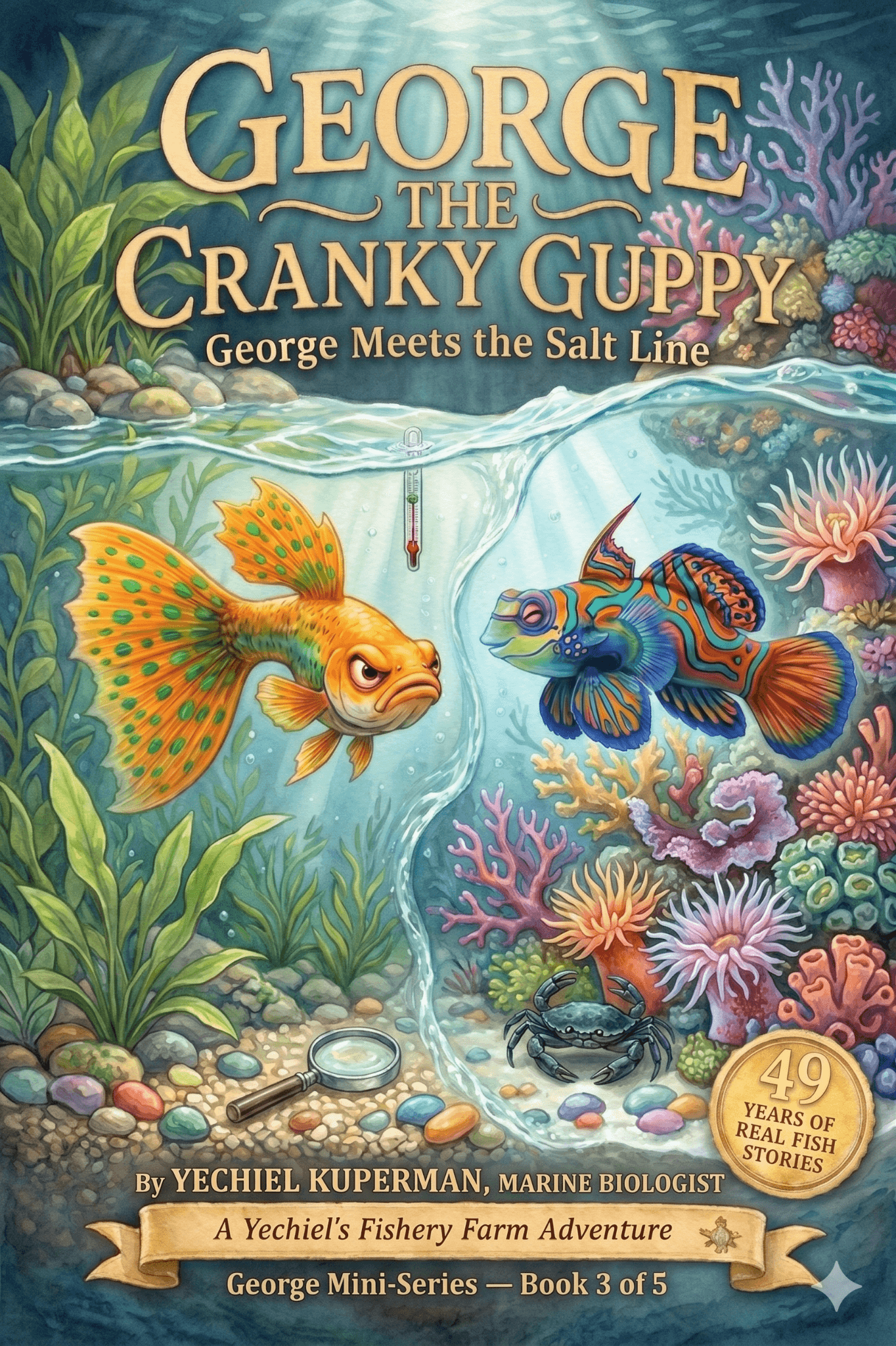Book 3 cover — George Meets the Salt Line, showing an orange guppy and a colorful mandarin fish divided by an invisible line in a coral reef