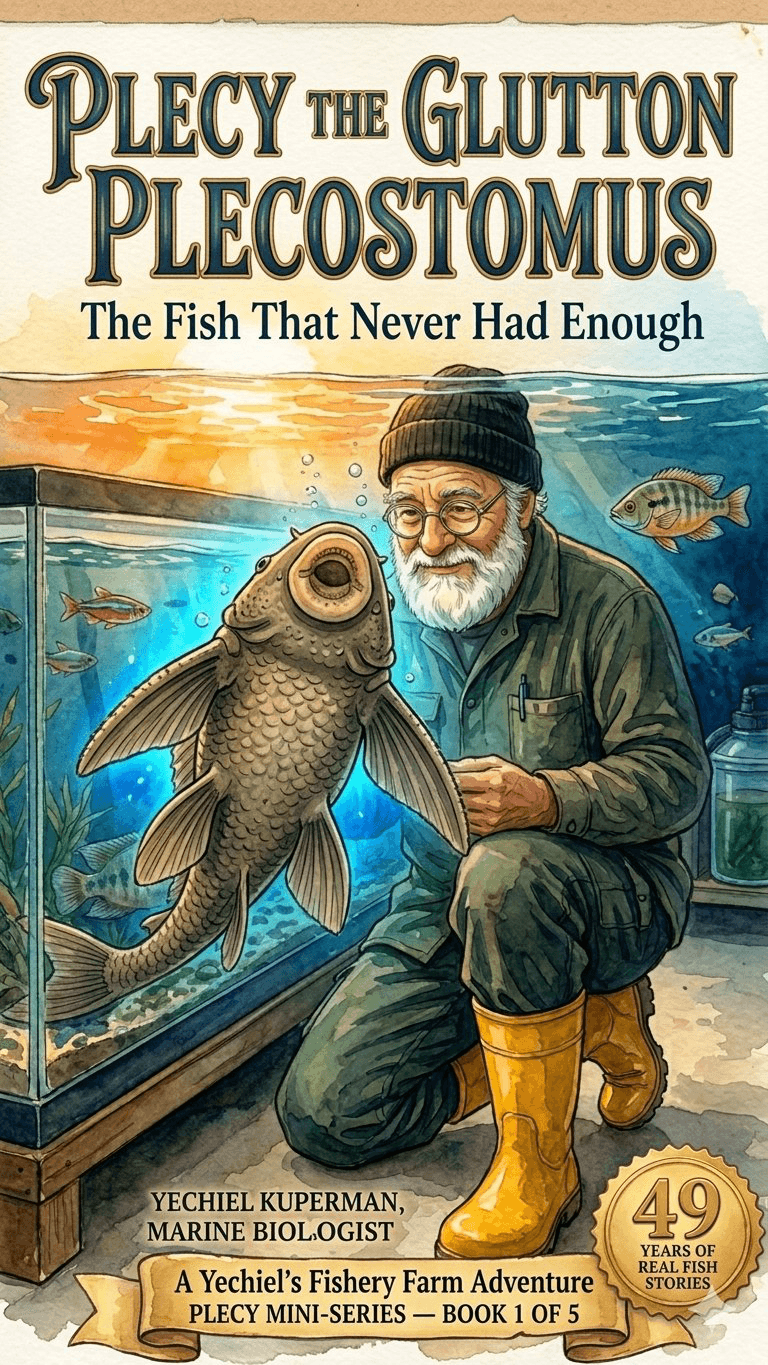 Book 6 cover — Plecy the Glutton Plecostomus: The Fish That Never Had Enough, showing a large armored plecostomus fish with Yechiel crouching nearby