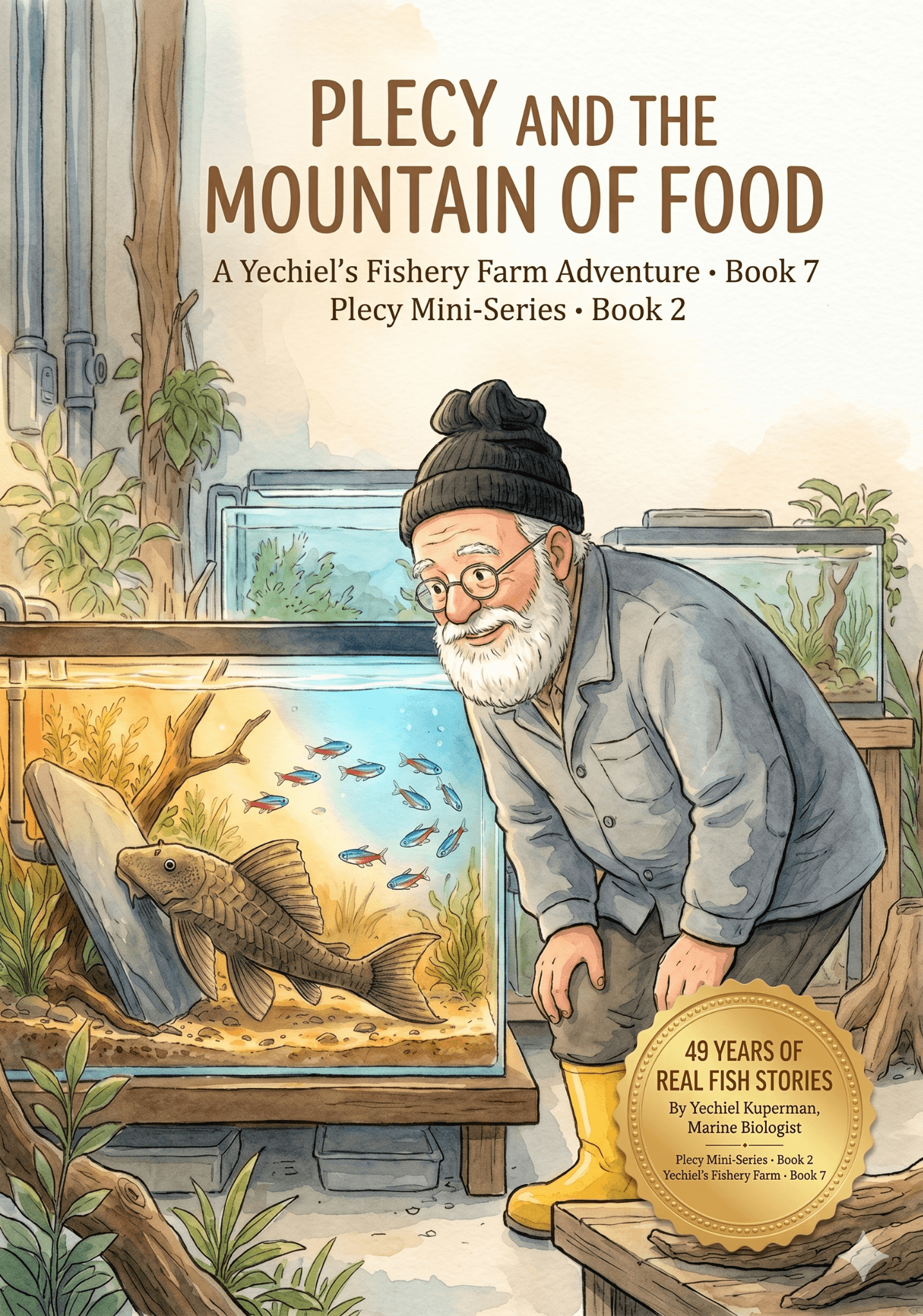 Book 7 cover — Plecy and the Mountain of Food, showing Yechiel looking into a tank at a large plecostomus surrounded by algae