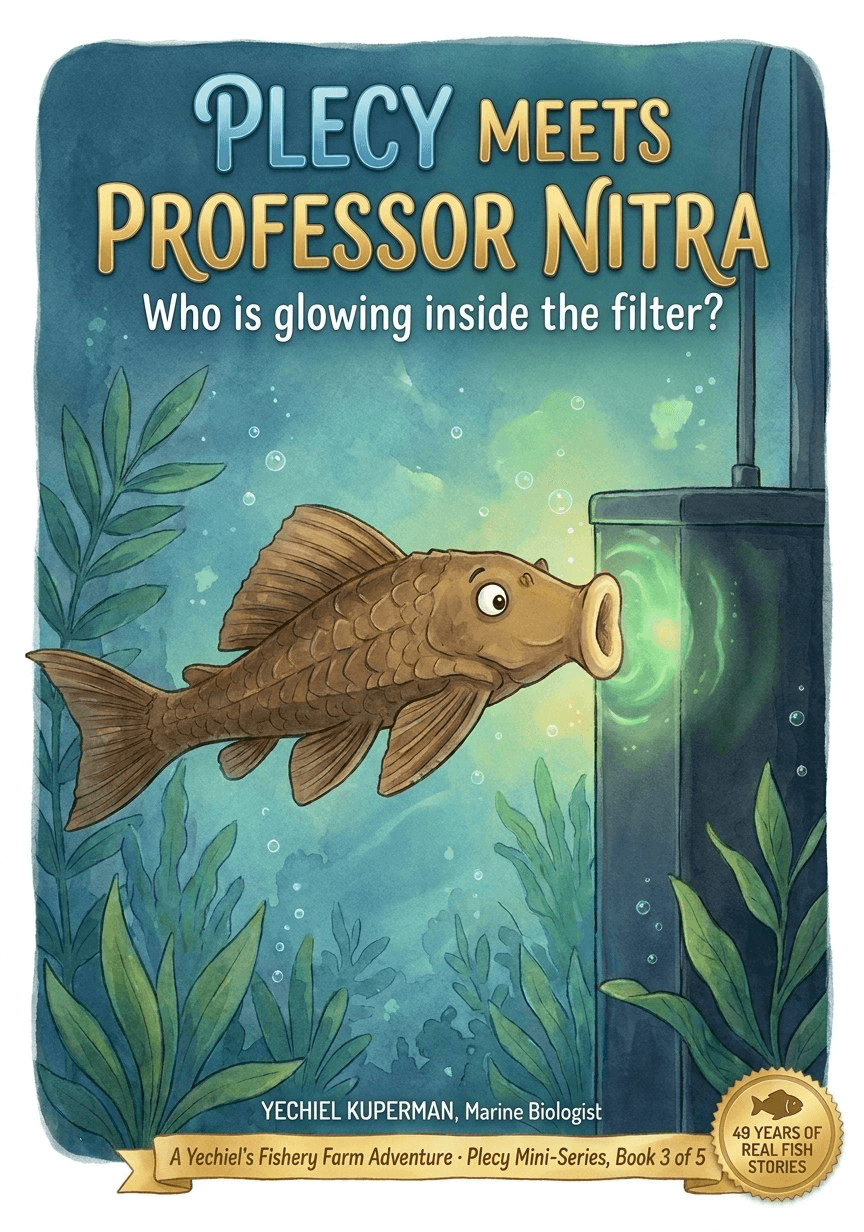 Book 8 cover — Plecy Meets Professor Nitra: Who is glowing inside the filter?, showing a plecostomus fish in a mysterious glowing underwater scene