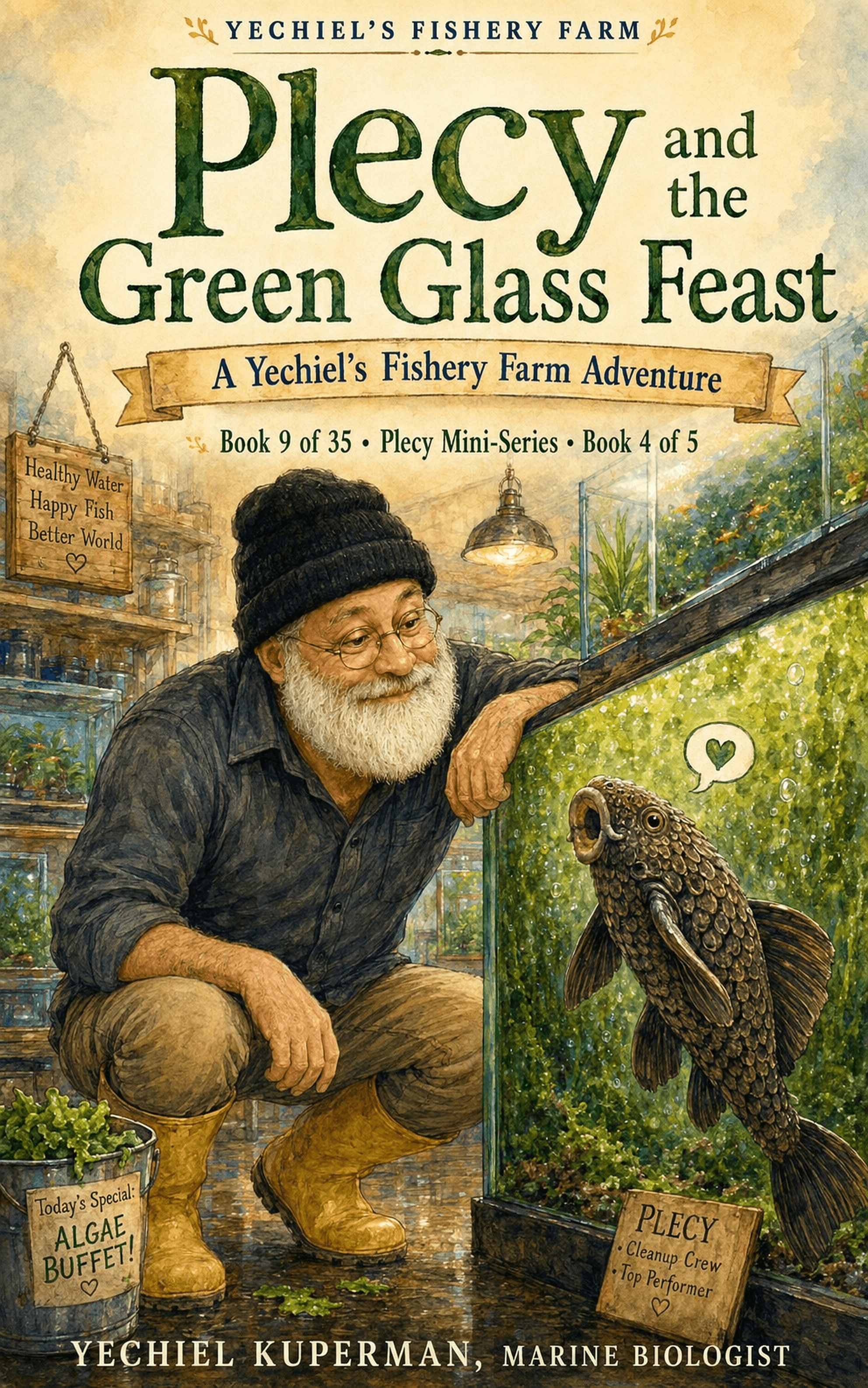 Book 9 cover — Plecy and the Green Glass Feast, showing Yechiel crouching next to a lush green algae-filled aquarium with a large plecostomus