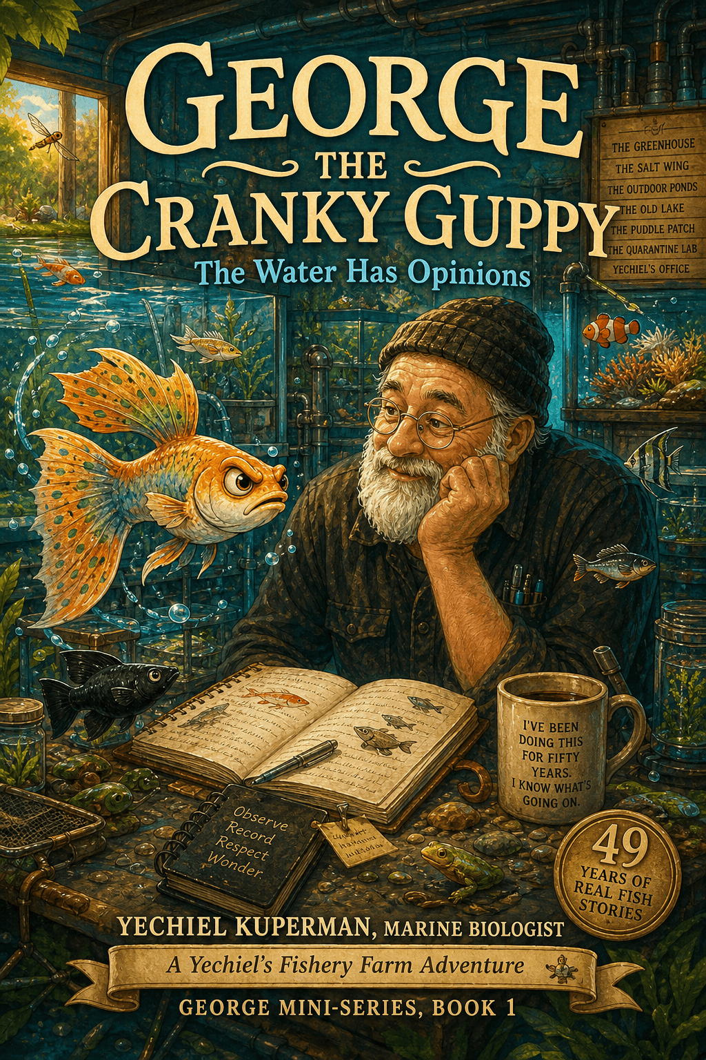 Book 1 cover — George the Cranky Guppy: The Water Has Opinions, illustrated chapter book about a guppy fish waking up in strange water