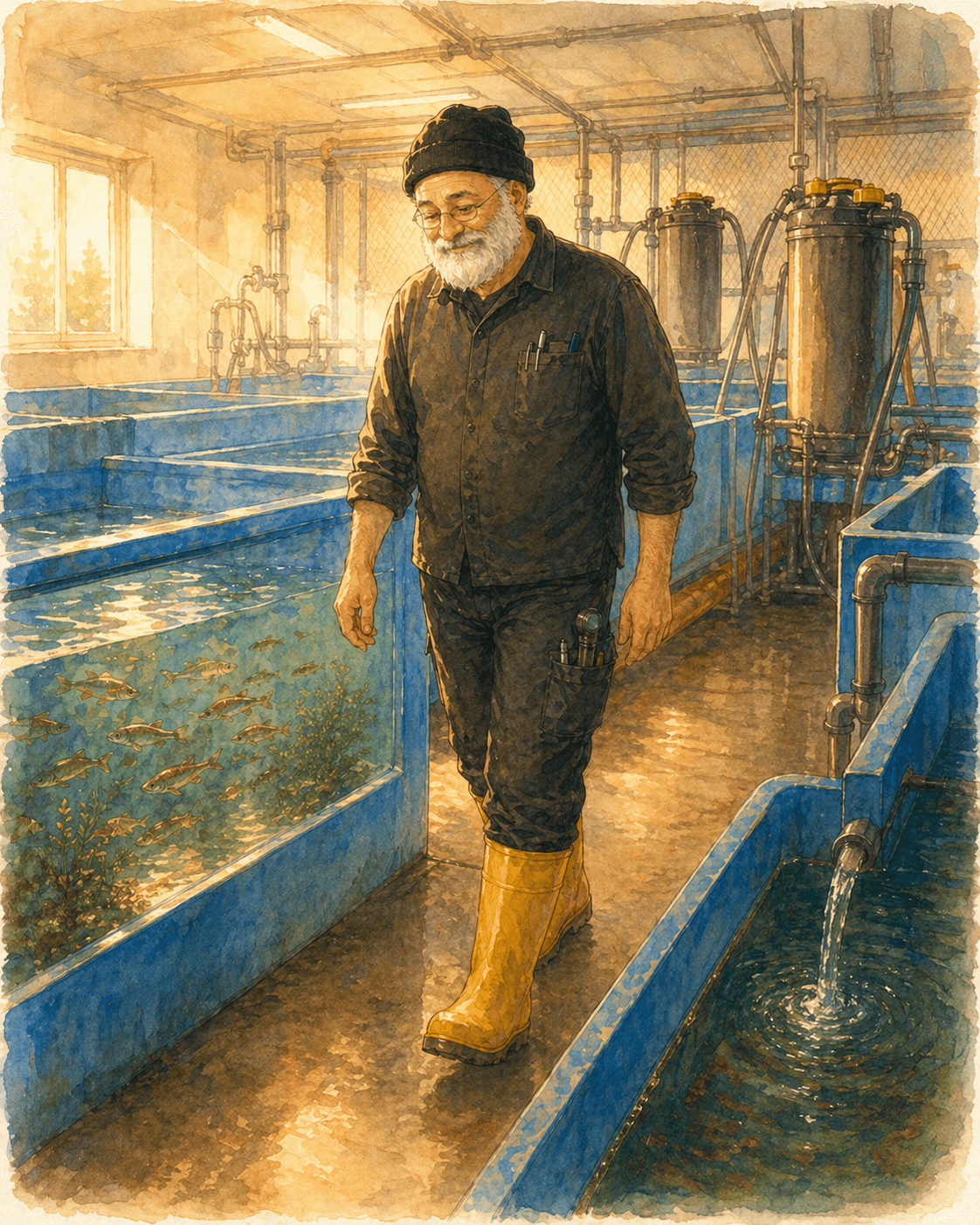 Watercolor illustration of Yechiel Kuperman walking through his fishery farm past tanks full of small tropical fish in warm golden light