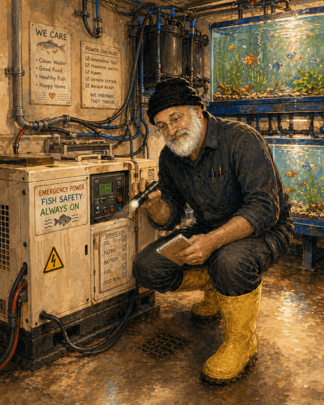 Yechiel Kuperman kneeling beside emergency power equipment labelled Fish Safety Always On, with vibrant aquarium tanks and orange tropical fish visible behind him