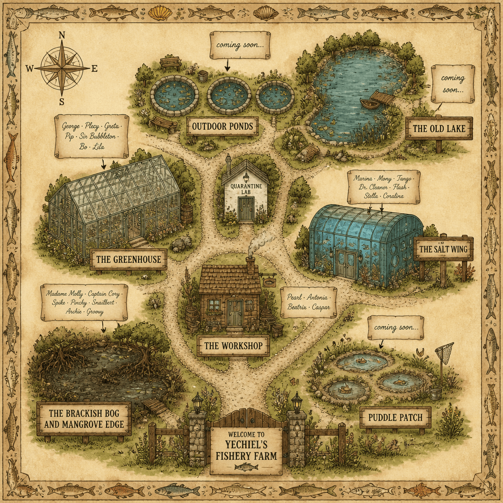 Illustrated fantasy map of Yechiel's Fishery Farm showing all zones including The Greenhouse, The Salt Wing, The Outdoor Ponds, The Old Lake, The Workshop, The Brackish Bog and Mangrove Edge, and the Puddle Patch, with character names and coming-soon areas marked