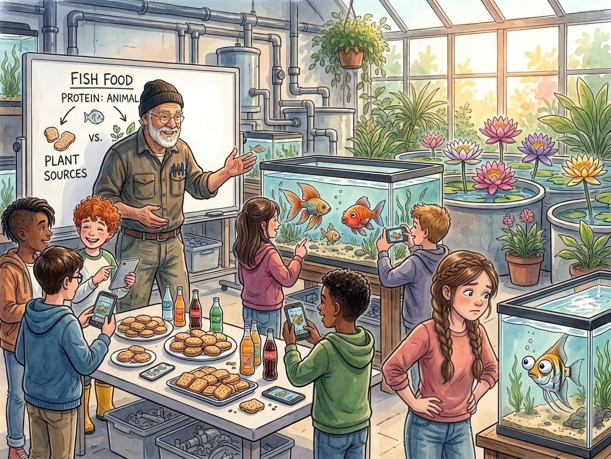 Illustration of Yechiel Kuperman at the Fishery Farm Club teaching children about fish food, with kids photographing goldfish in tanks and a googly-eyed angelfish peering from its tank in the corner