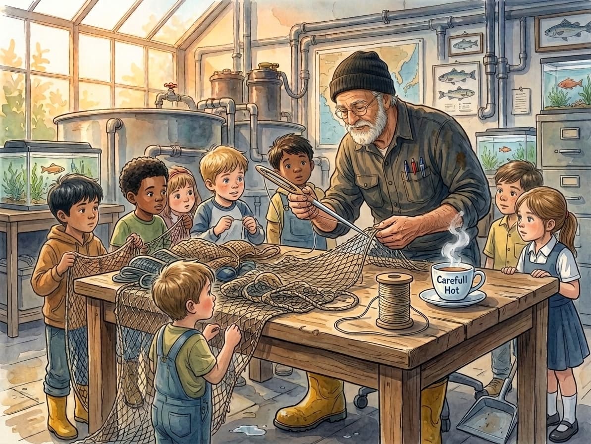 Yechiel teaching children about nets and fishing equipment at the Fishery Farm