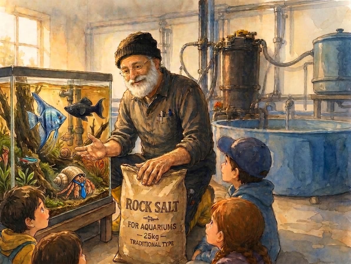 Yechiel showing children rock salt for aquariums at the Fishery Farm
