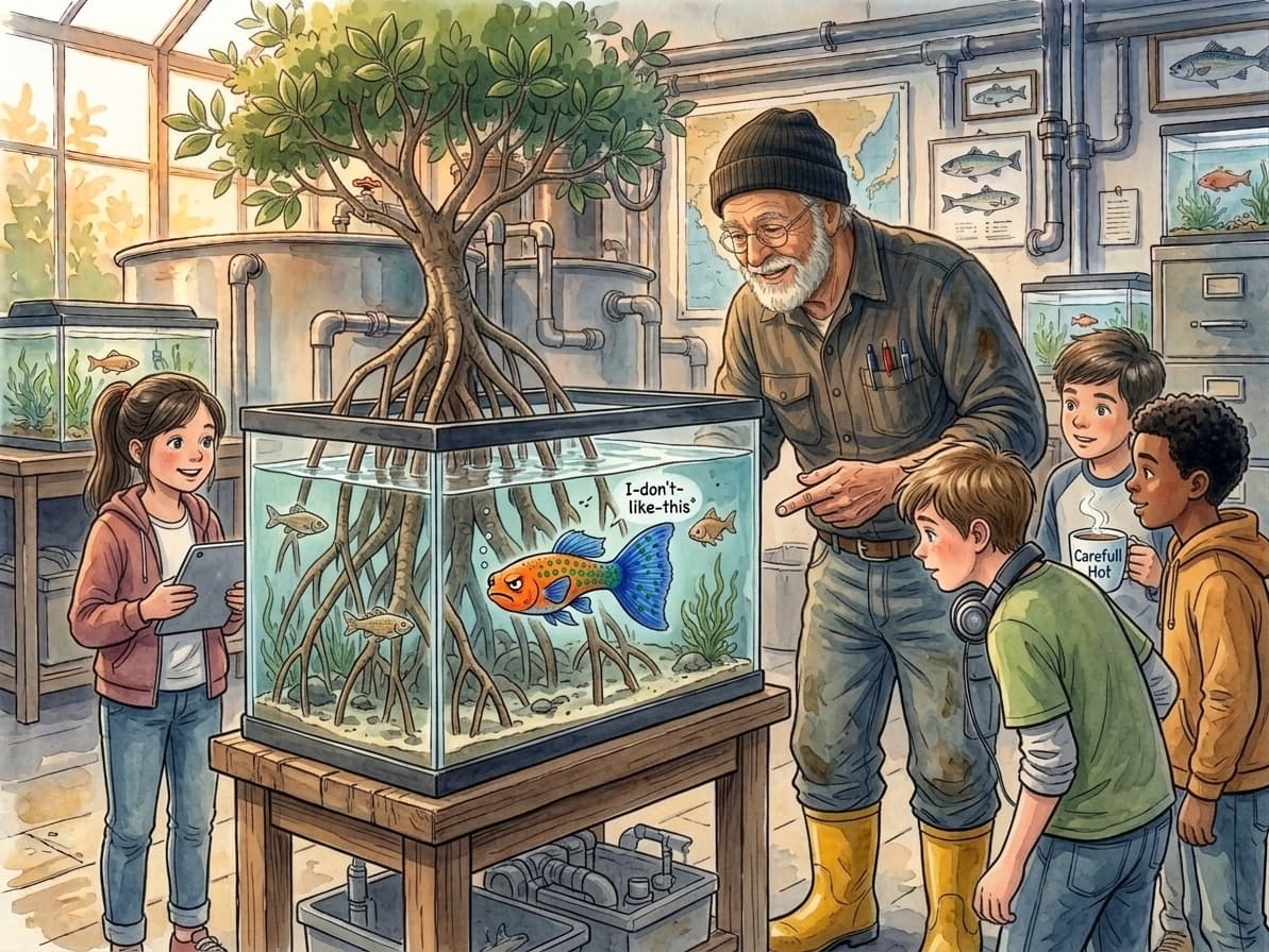Watercolor illustration of Yechiel Kuperman showing three teenagers a mangrove tank containing George the Cranky Guppy, who has a speech bubble reading I-don-t-like-this, inside the Fishery Farm workshop with fish maps on the walls