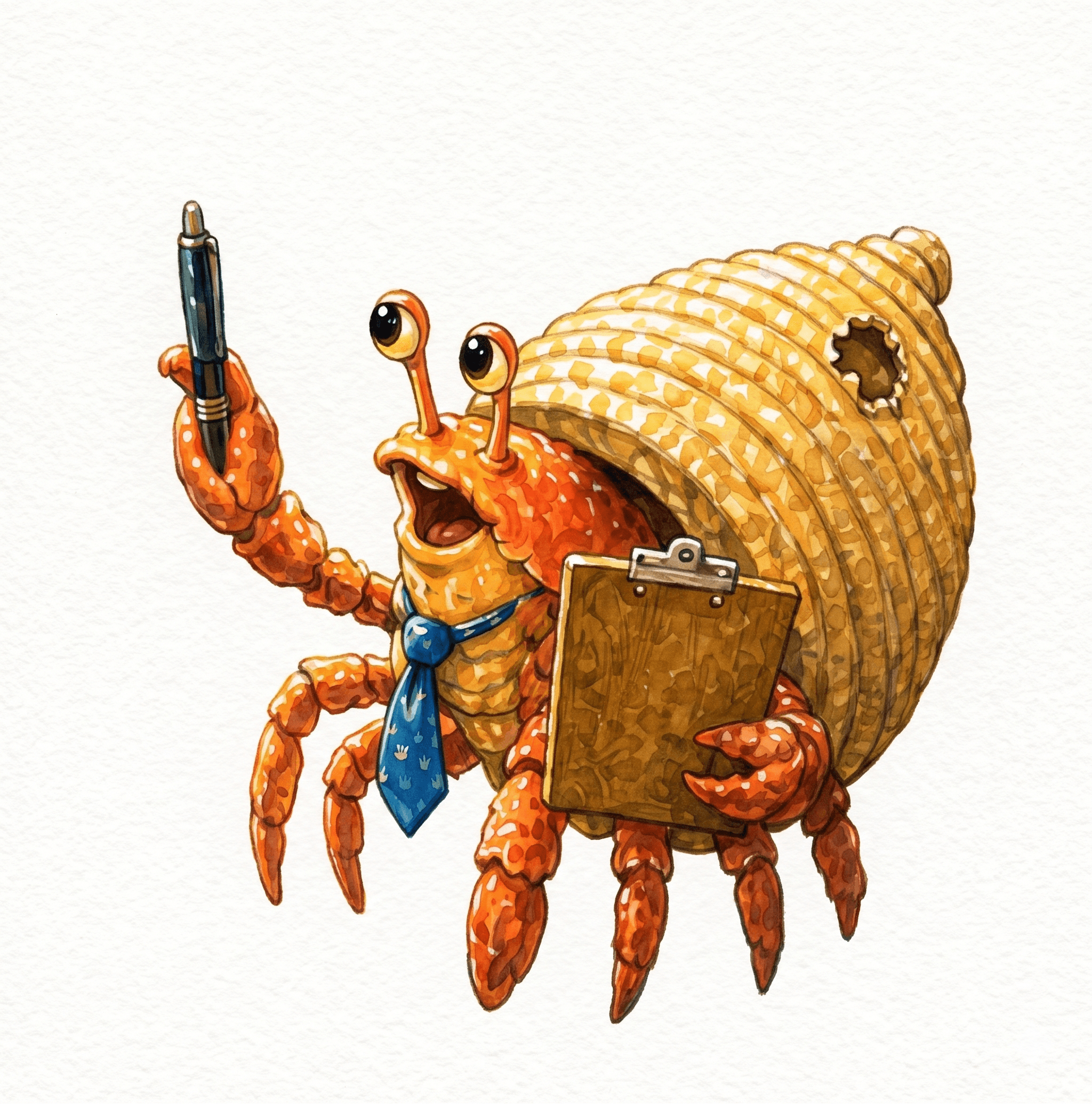 Pinchy the Hermit Crab — illustrated orange hermit crab wearing a blue tie and carrying a clipboard and pen, eager expression