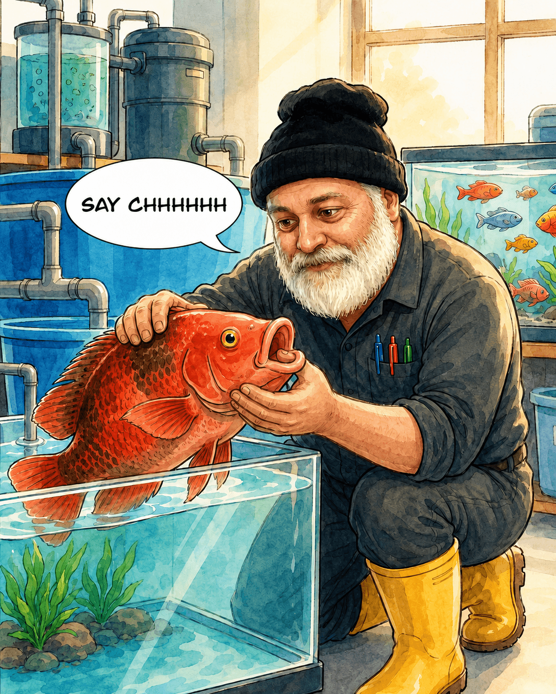 Cartoon watercolor of Yechiel Kuperman crouching next to a fish tank saying SAY CHHHHHH to a large red fish, with colourful fish tanks visible behind him