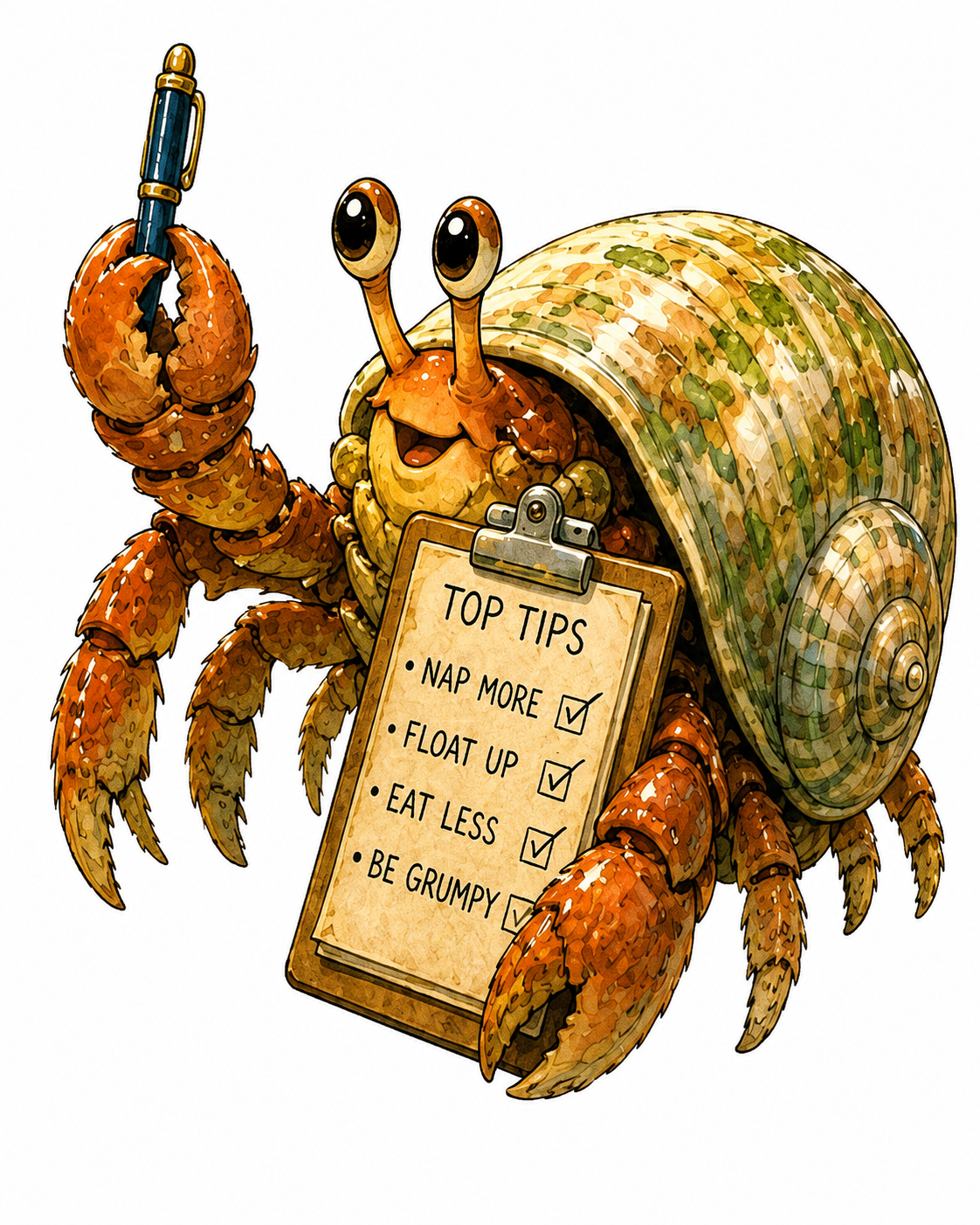 Pinchy the Hermit Crab crawling very slowly left to right with a clipboard