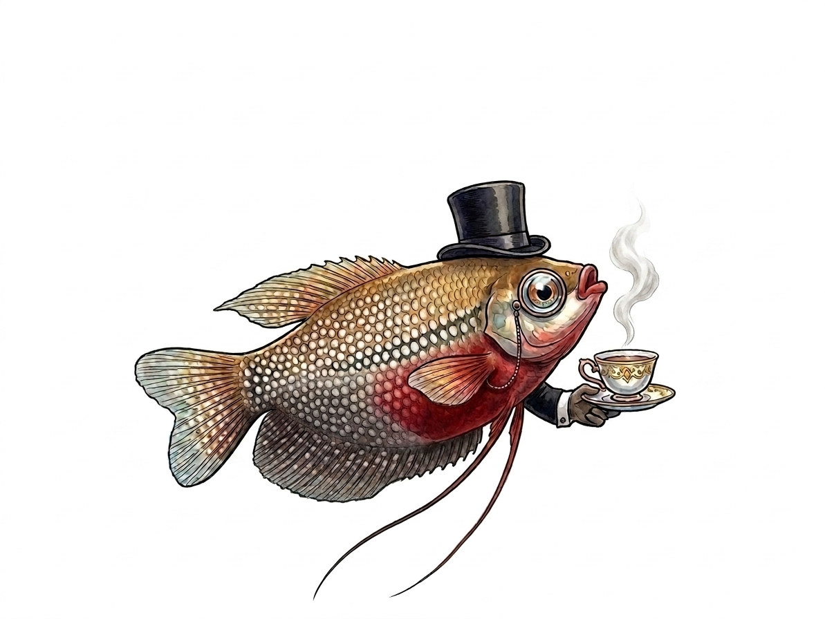 Sir Bubbleton the Gourami floating slowly left to right holding a teacup