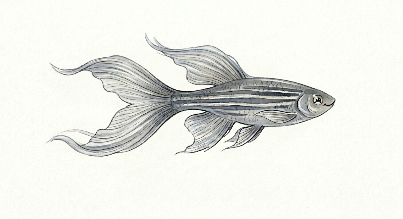 Turbo the Zebra Danio swimming fast left to right with flowing silver fins