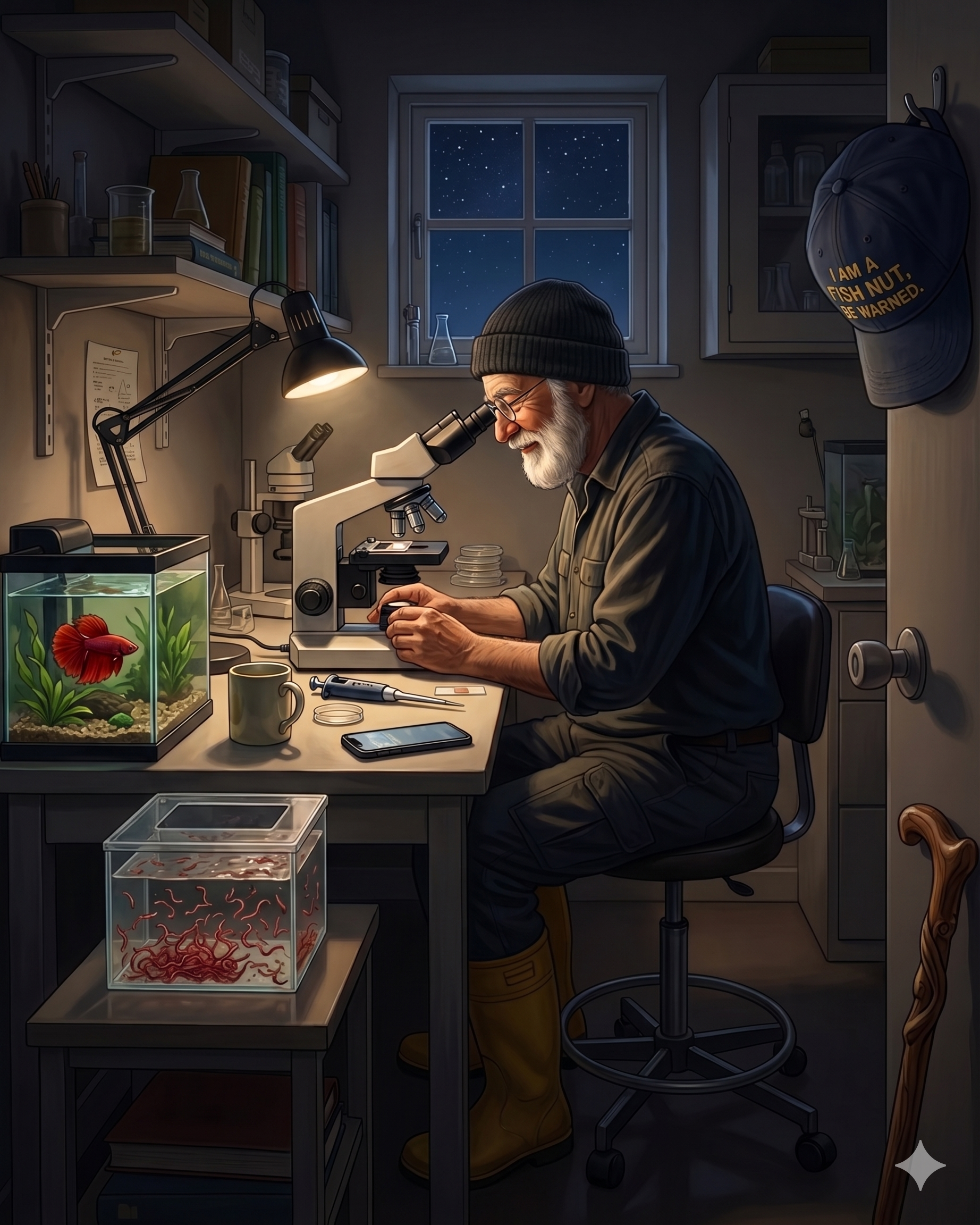 Pinchy reading from an ancient scroll, surrounded by lab equipment