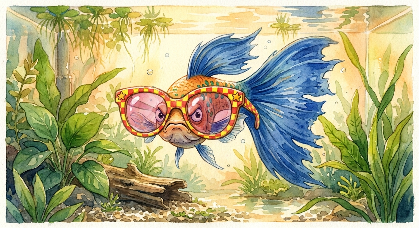 George the Guppy looking directly at you through enormous funny glasses