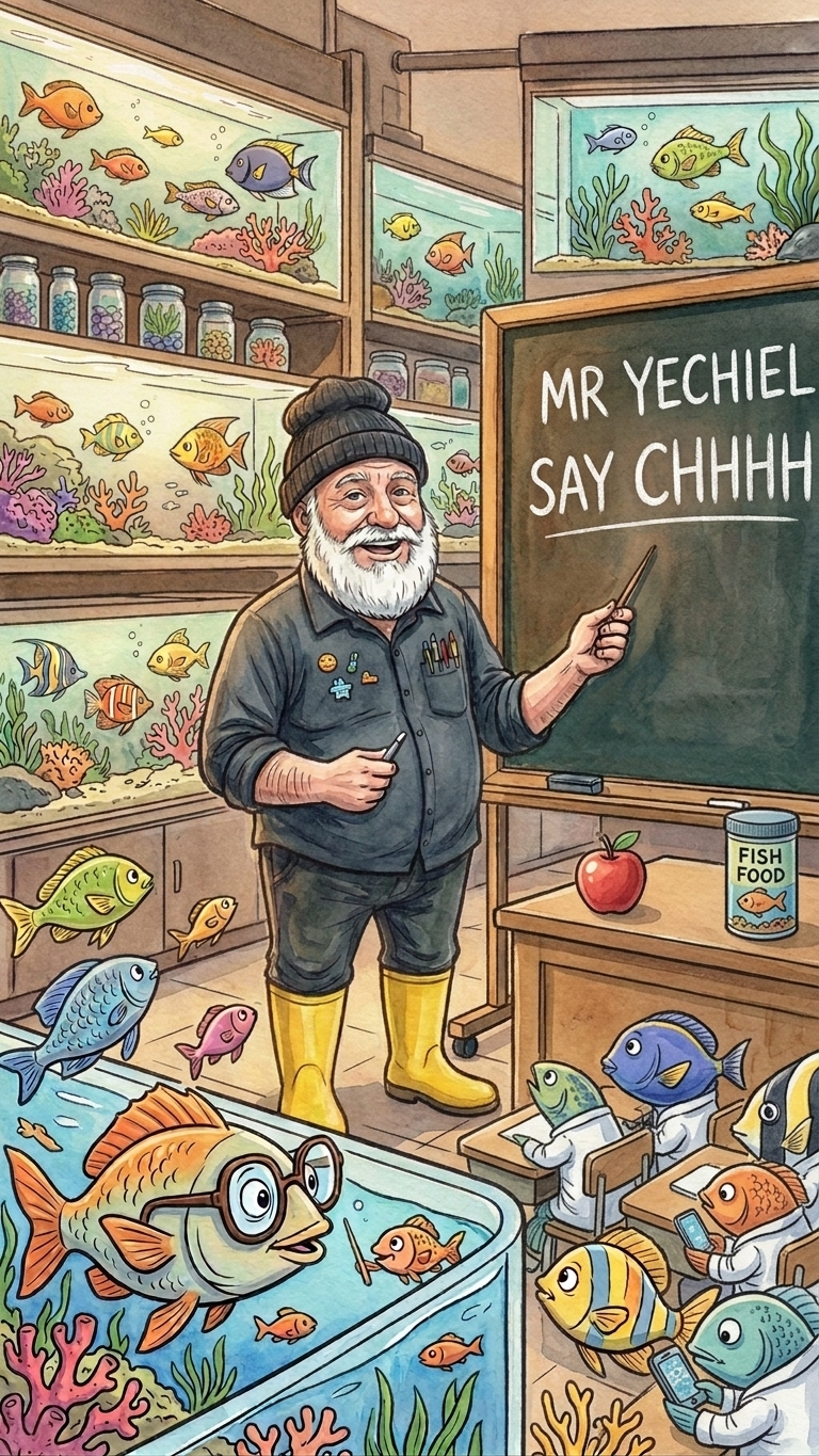 Yechiel Kuperman at a chalkboard with fish biology diagrams, surrounded by students