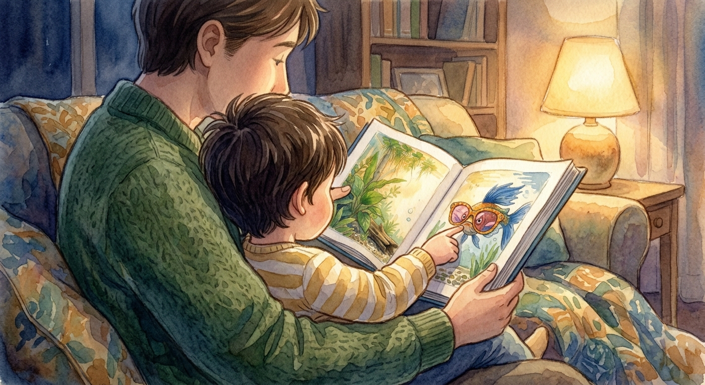 A child curled up on a sofa reading, fully absorbed in the story