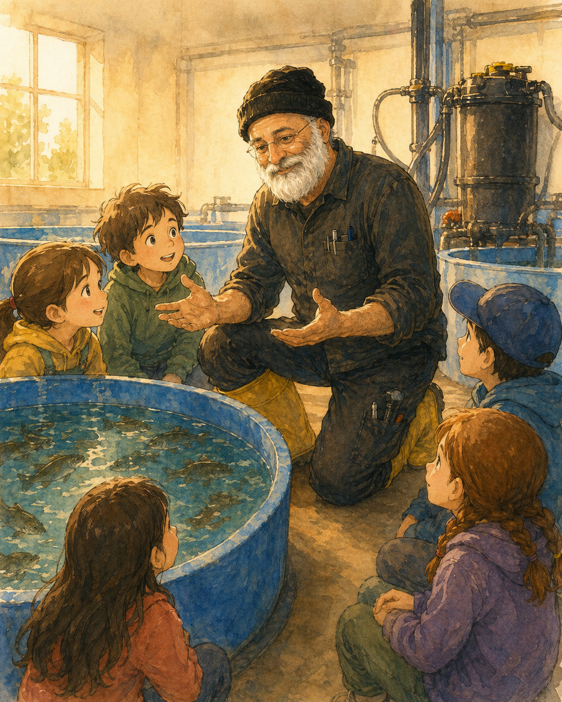 Watercolour illustration of Yechiel Kuperman sitting at golden hour teaching five children gathered around a large circular fish tank full of small fish, with industrial pipes and aquarium equipment in the background