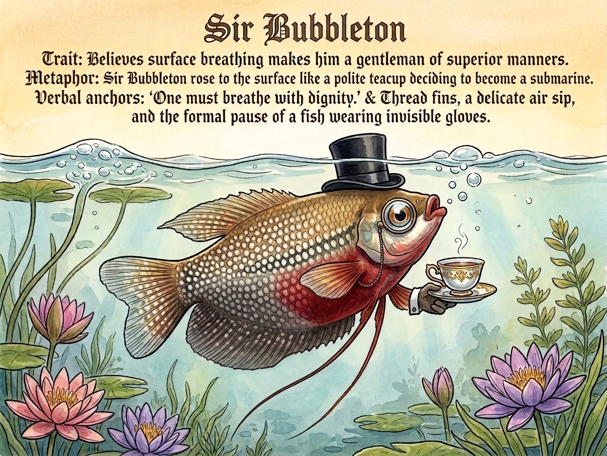 Sir Bubbleton the Gourami — illustrated gourami fish wearing a black top hat and holding a fine teacup, surrounded by lily pads and aquatic plants in a watercolour style