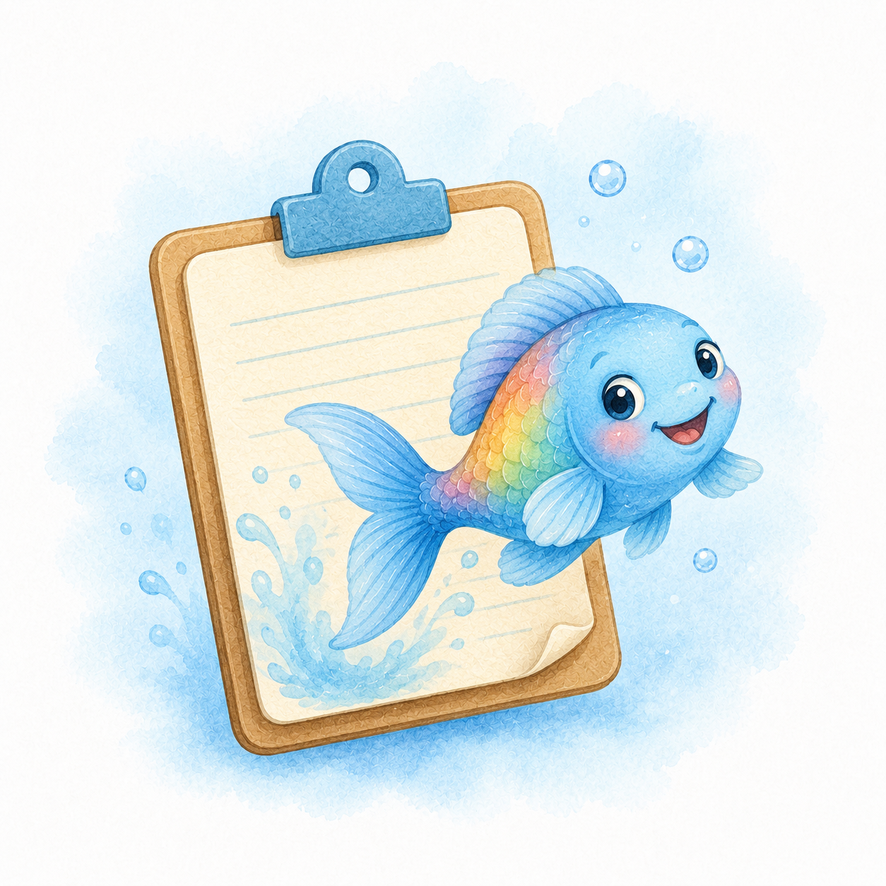 Illustrated blue fish peeking around a large wooden clipboard with a notepad, looking happy — teacher notes and classroom materials icon