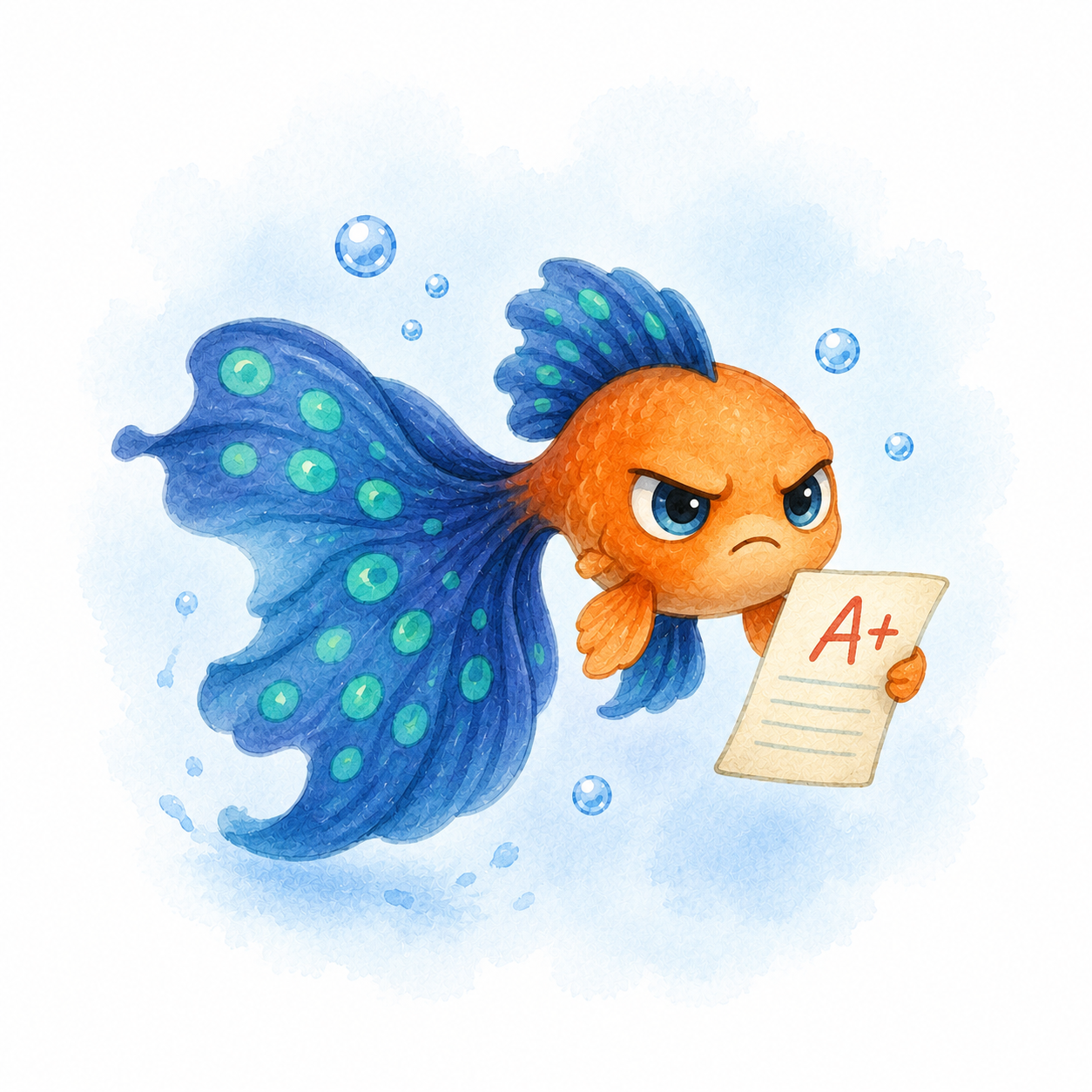 Illustrated orange guppy fish holding up an A-plus graded test paper with a proud expression — reading comprehension quiz icon