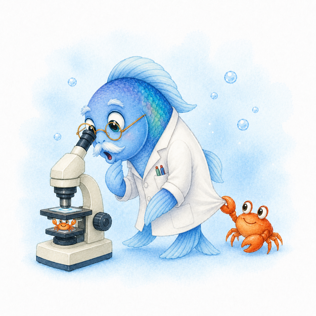 Illustrated blue fish wearing a lab coat looking through a microscope, with a tiny orange crab watching from beside the microscope stand — teacher-stem icon